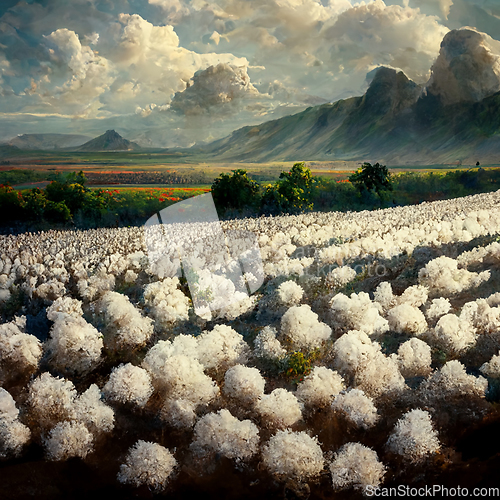 Image of Cotton fields ready for harvesting, snow mountains and clouds.