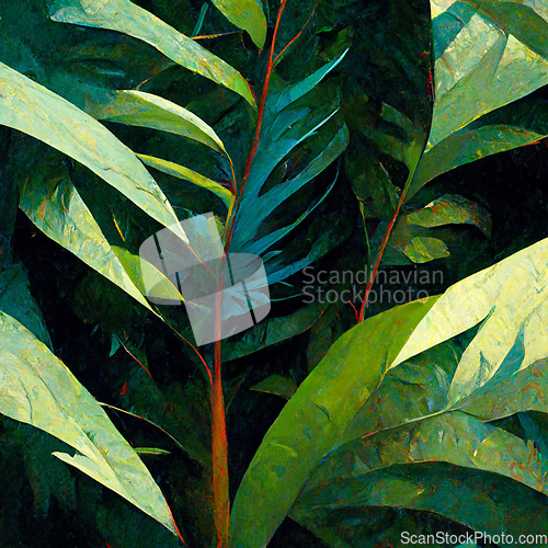 Image of Nature view of green tropical plants leaves  background. Dark na