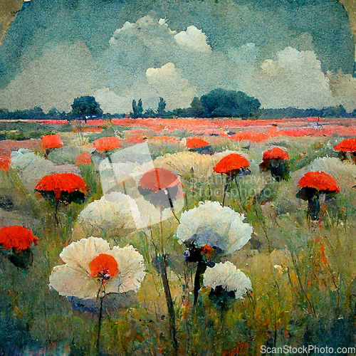 Image of Beautiful poppy field and cloudy sky. Spring flower background, 