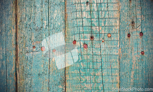 Image of Texture of old wooden fence with rusty nails