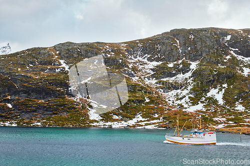 Image of Fishing ship in fjord in Norway