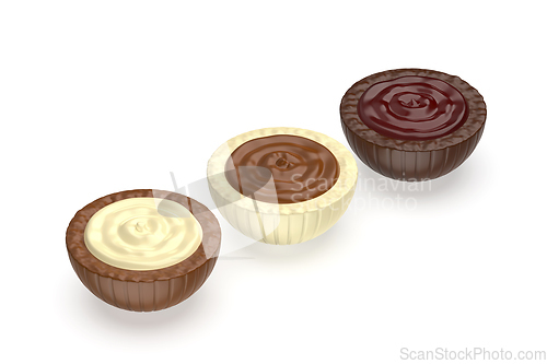 Image of Assorted chocolate candies on white background