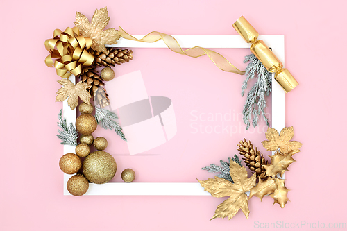 Image of Christmas Pink Background Border with Tree Bauble Decorations 