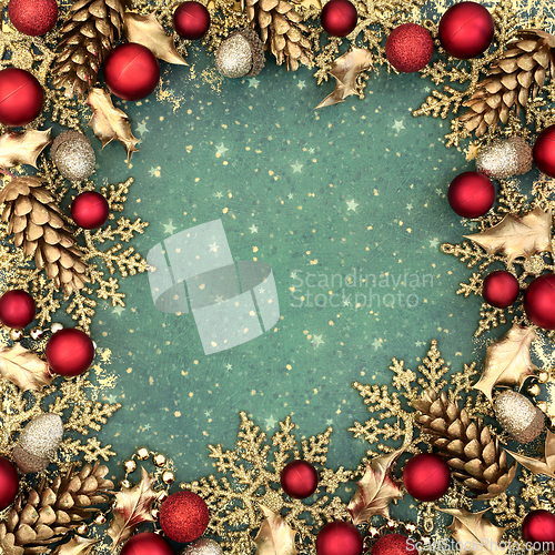 Image of Christmas Red and Gold Tree Decorations Background Border