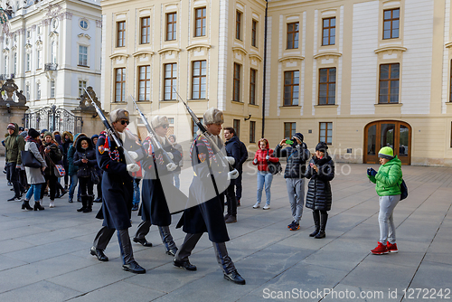 Image of Castle Guard marching for changing of guards in front of Prague\'s castle