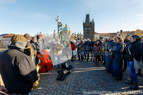 Image of Charles Bridge with crowd of tourist