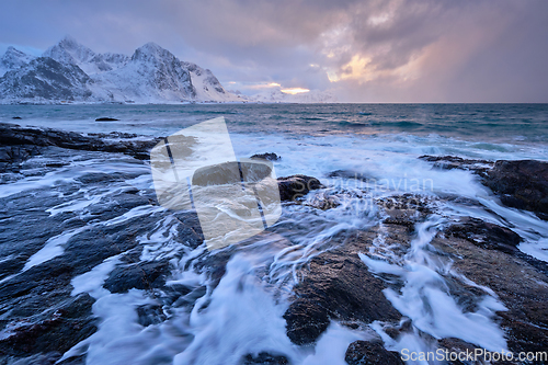 Image of Coast of Norwegian sea on rocky coast in fjord on sunset