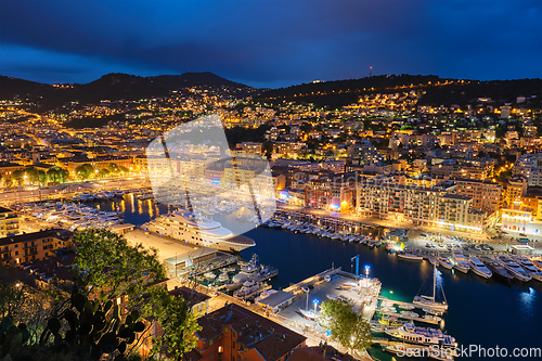 Image of View of Old Port of Nice with yachts, France in the evening