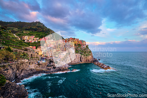 Image of Manarola village on sunset, Cinque Terre, Liguria, Italy