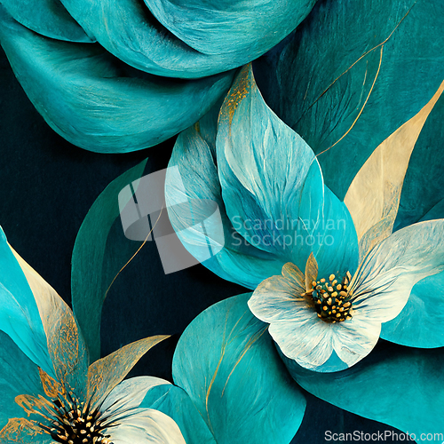 Image of Blue and golden watercolor flower Illustration for prints, wall 