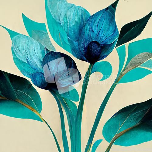 Image of Blue and golden watercolor flower Illustration for prints, wall 