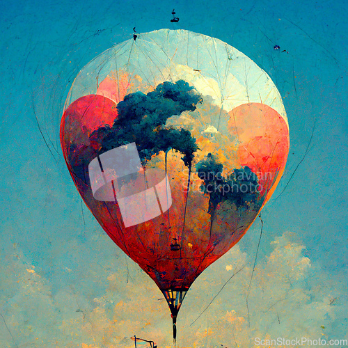 Image of Beautiful fantasy hot air balloons against a blue sky and clouds