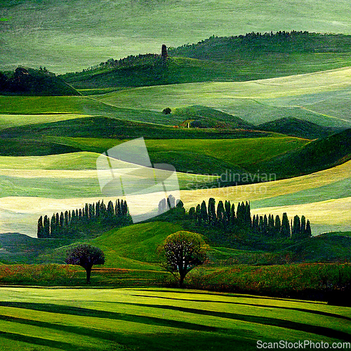 Image of Well known Tuscany landscape with grain fields, cypress trees an