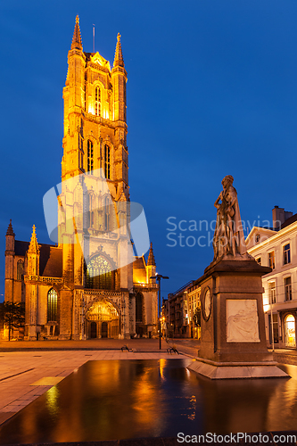 Image of Saint Bavo Cathedral in the evening. Sint-Baafsplein, Ghent, Bel