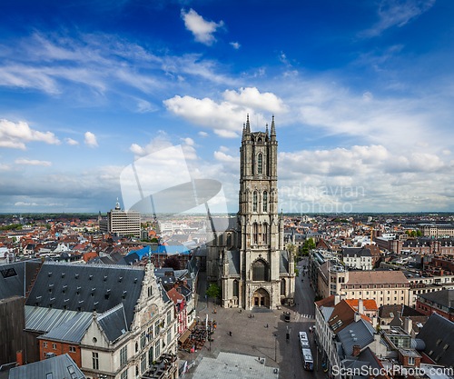 Image of Saint Bavo Cathedral and Sint-Baafsplein, view from Belfry. Ghen