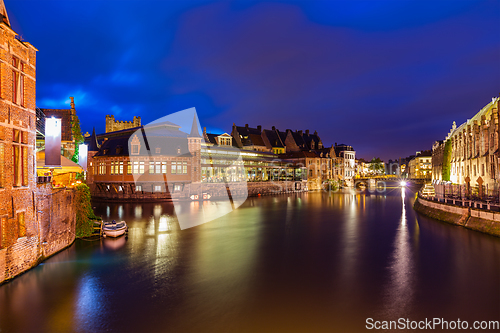Image of Ghent canal in the evening. Ghent, Belgium
