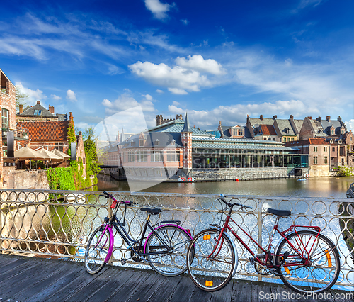 Image of Bridge, bicycles and canal. Ghent, Belghium