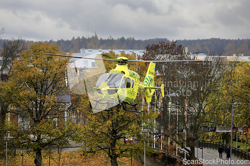 Image of FinnHEMS Medical Helicopter Takes of Town Market Square 