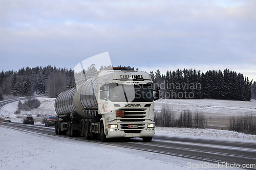 Image of White Scania R Tank Truck For ADR Dangerous Goods in Winter