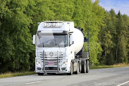 Image of White Mercedes-Benz Actros 2853 Concrete Mixer Truck on Road