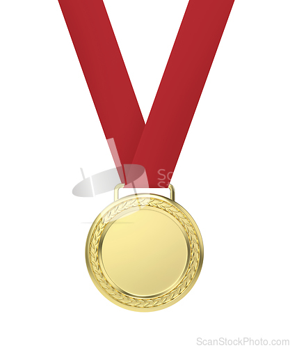 Image of Gold medal with red ribbon
