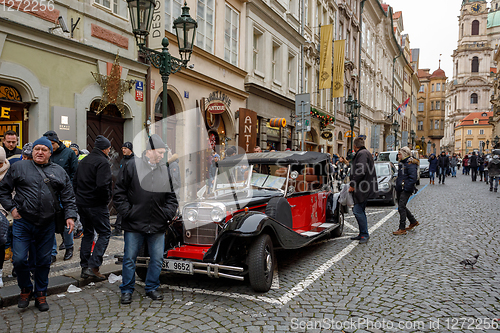 Image of Famous historic car Praga in Prague street