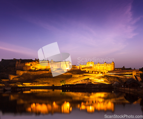 Image of Amer Fort (Amber Fort) at night in twilight. Jaipur, Rajastan,