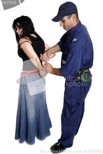 Image of An officer apprehending a female