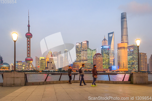 Image of illuminated evening Shanghai cityscape view