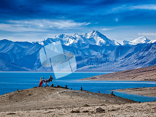 Image of Buddhist prayer flags at Himalayan lake Tso Moriri