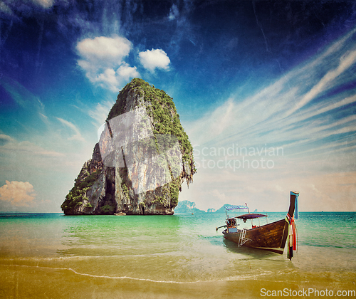 Image of Long tail boat on beach, Thailand