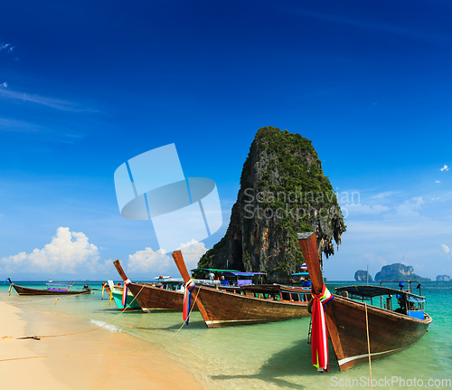 Image of Long tail boat on beach, Thailand