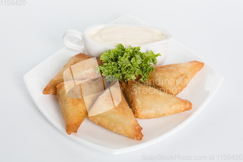 Image of Traditional ukrainian stuffed pancakes with meat or benderyks with meat, selective focus