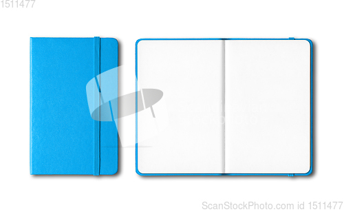 Image of Cyan blue closed and open notebooks isolated on white