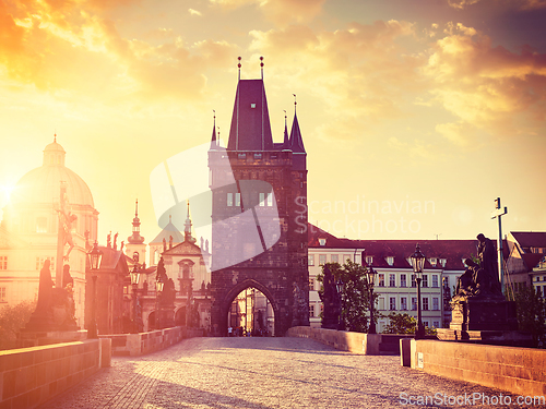 Image of Charles bridge tower in Prague on sunrise