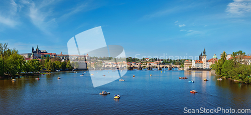 Image of Panoramic view of Vltava river, Charles bridge and Gradchany Prague Castle