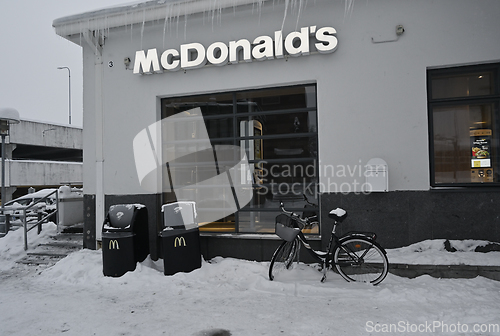 Image of McDonald's restaurant in a small finnish town on a winter foggy 