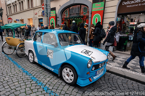 Image of Famous historic car trabant in Prague street
