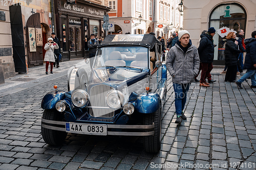 Image of Famous historic car Praga in Prague street