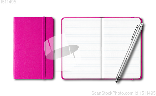 Image of Pink closed and open notebooks with a pen isolated on white