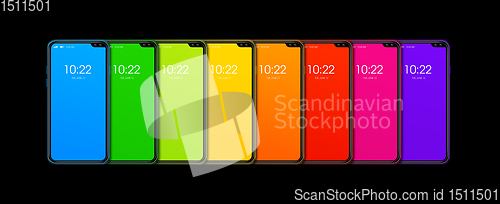 Image of Rainbow colorful smartphone set banner. Isolated on black. 3D re
