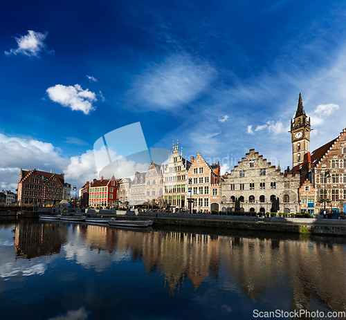 Image of Ghent canal and Graslei street. Ghent, Belgium