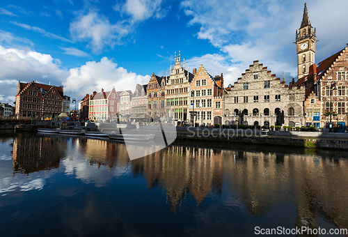 Image of Ghent canal and Graslei street. Ghent, Belgium