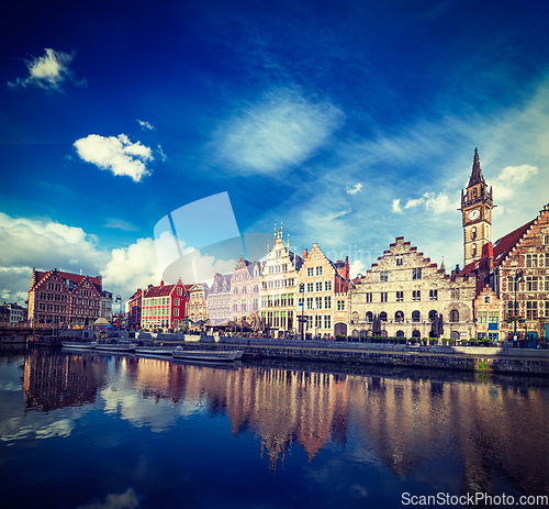 Image of Ghent canal and Graslei street. Ghent, Belgium