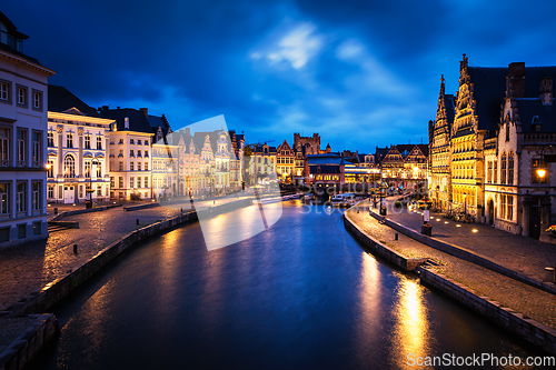 Image of Graslei street and canal in the evening. Ghent, Belgium