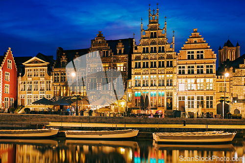 Image of Graslei street and canal in the evening. Ghent, Belgium