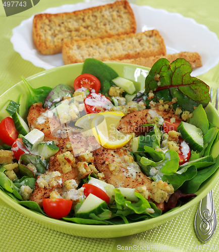 Image of Green salad with chicken stripes