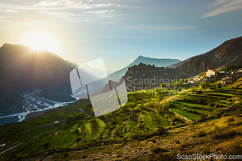 Image of Dhankar gompa and Dhankar village in Spiti village, Himachal Pra