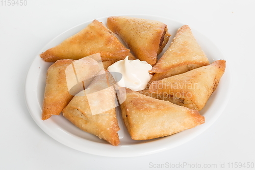 Image of Traditional ukrainian stuffed pancakes with meat or benderyks with meat, selective focus