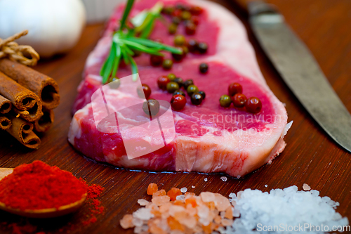 Image of raw uncooked  ribeye beef steak butcher selection